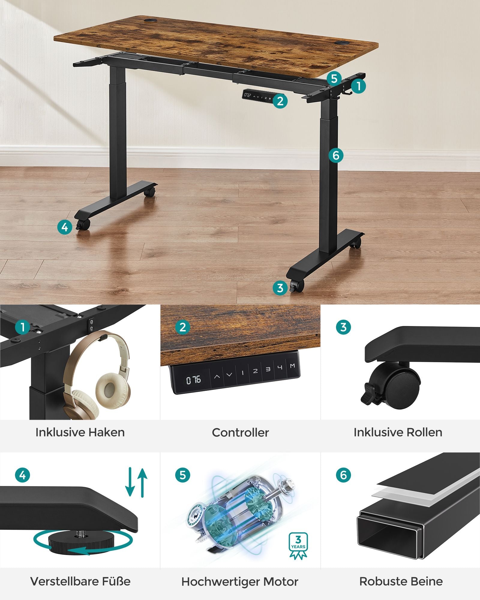 Höhenverstellbarer Schreibtisch Elektrisch, 60x120 cm, Standing desk, mit 4 Höhen, Vintagebraun, Songmics, 8