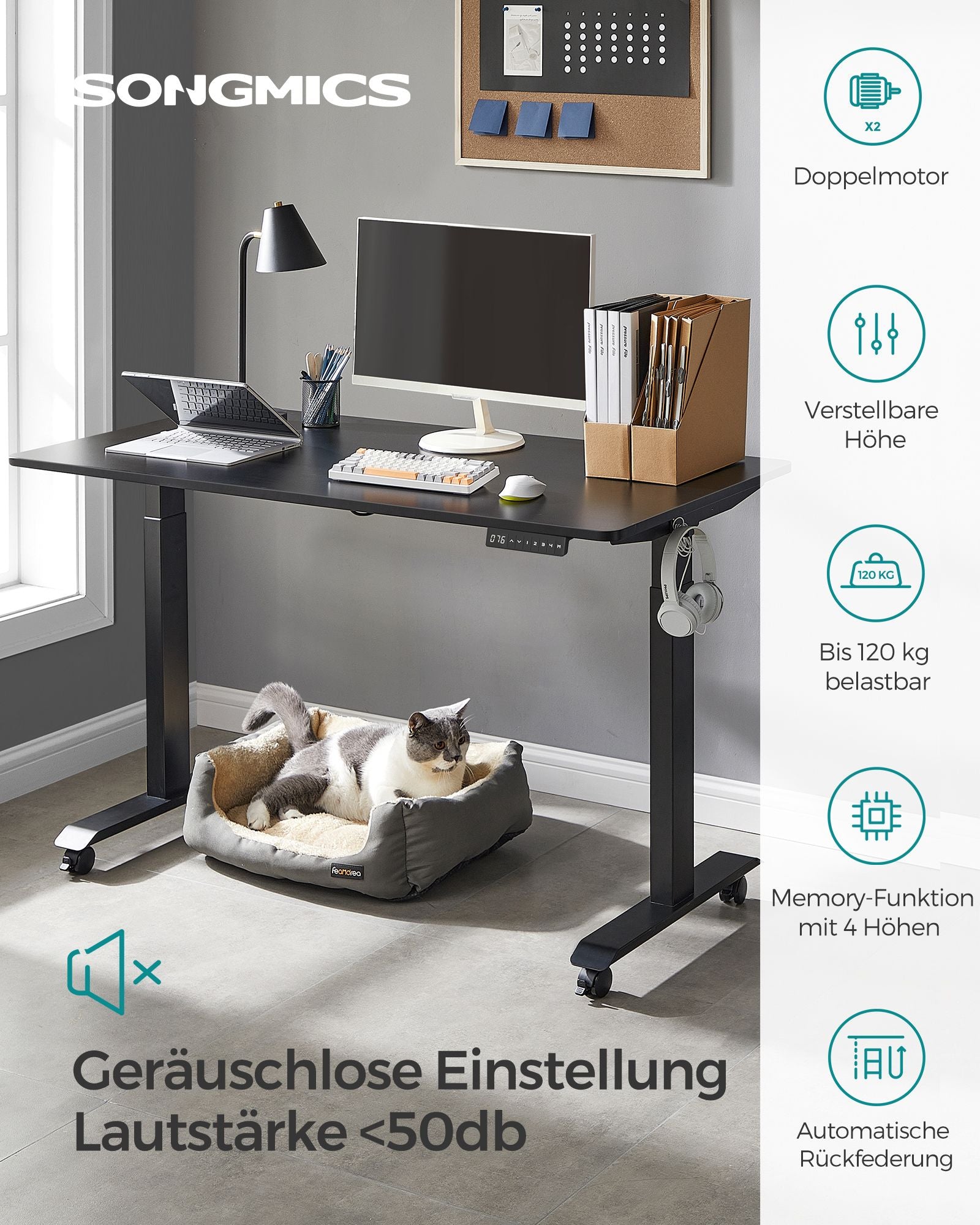 Höhenverstellbarer Schreibtisch Elektrisch, 70x140 cm, Standing desk, Memory-Funktion mit 4 Höhen, Schwarz, Songmics, 2