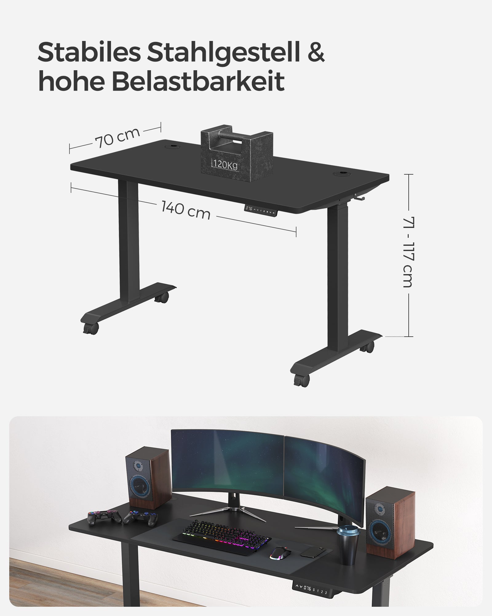 Höhenverstellbarer Schreibtisch Elektrisch, 70x140 cm, Standing desk, Memory-Funktion mit 4 Höhen, Schwarz, Songmics, 6