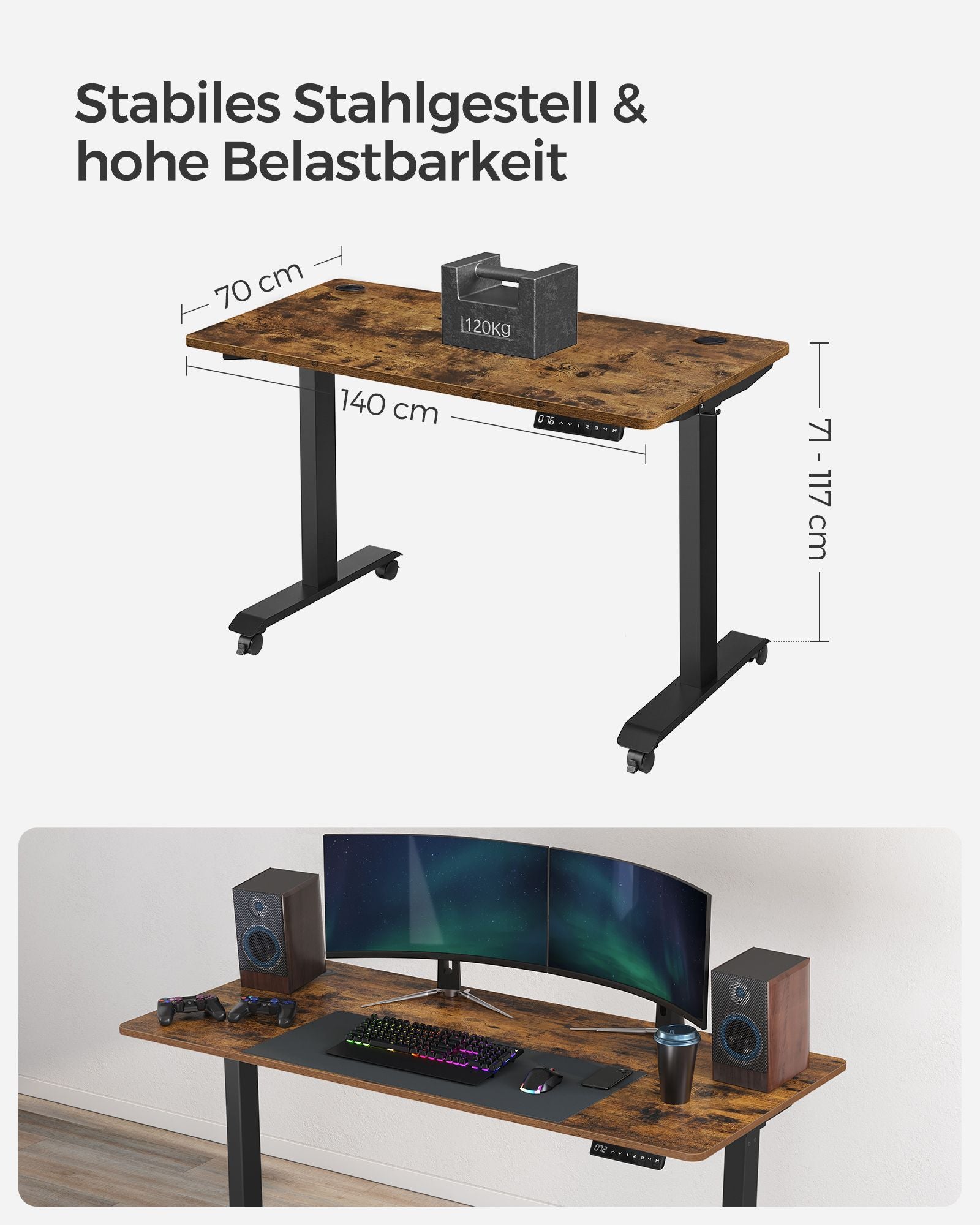 Höhenverstellbarer Schreibtisch Elektrisch, 70x140 cm, Standing desk, Memory-Funktion mit 4 Höhen, Vintagebraun, Songmics, 6