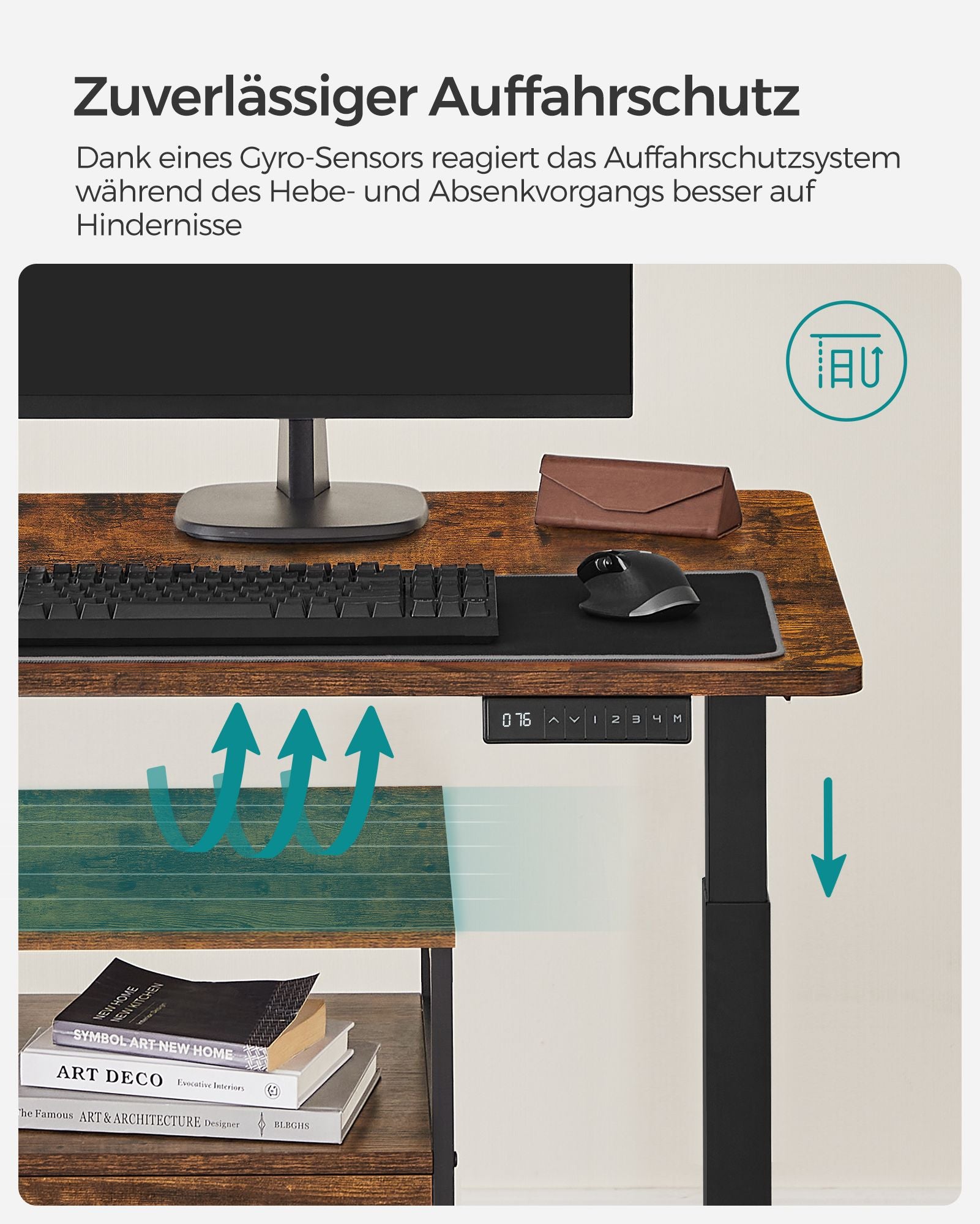 Höhenverstellbarer Schreibtisch Elektrisch, 70x140 cm, Standing desk, Memory-Funktion mit 4 Höhen, Vintagebraun, Songmics, 7