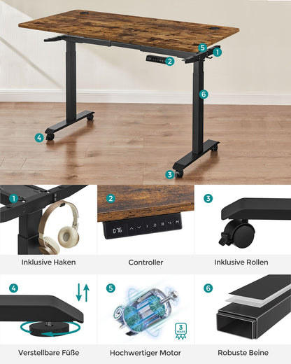 Höhenverstellbarer Schreibtisch Elektrisch, 70x140 cm, Standing desk, Memory-Funktion mit 4 Höhen, Vintagebraun, Songmics, 8