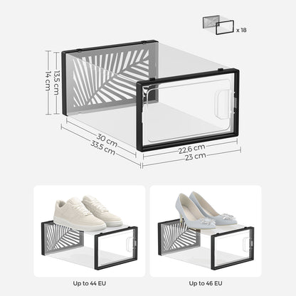 Schuhboxen, 18er Set, Schuhaufbewahrung, Schuhorganizer, Faltbar für Schuhe bis Größe 44, transparent-schwarz, SONGMICS, 7