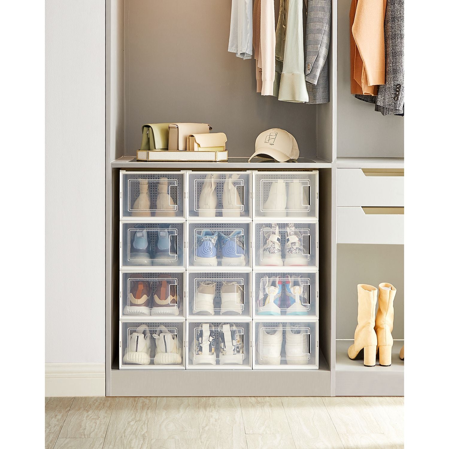 Schuhboxen, 12er Set, schuhorganizer, aus Kunststoff, schuhboxen stapelbar, für Schuhe bis Größe 46, transparent-weiß, SONGMICS, 2