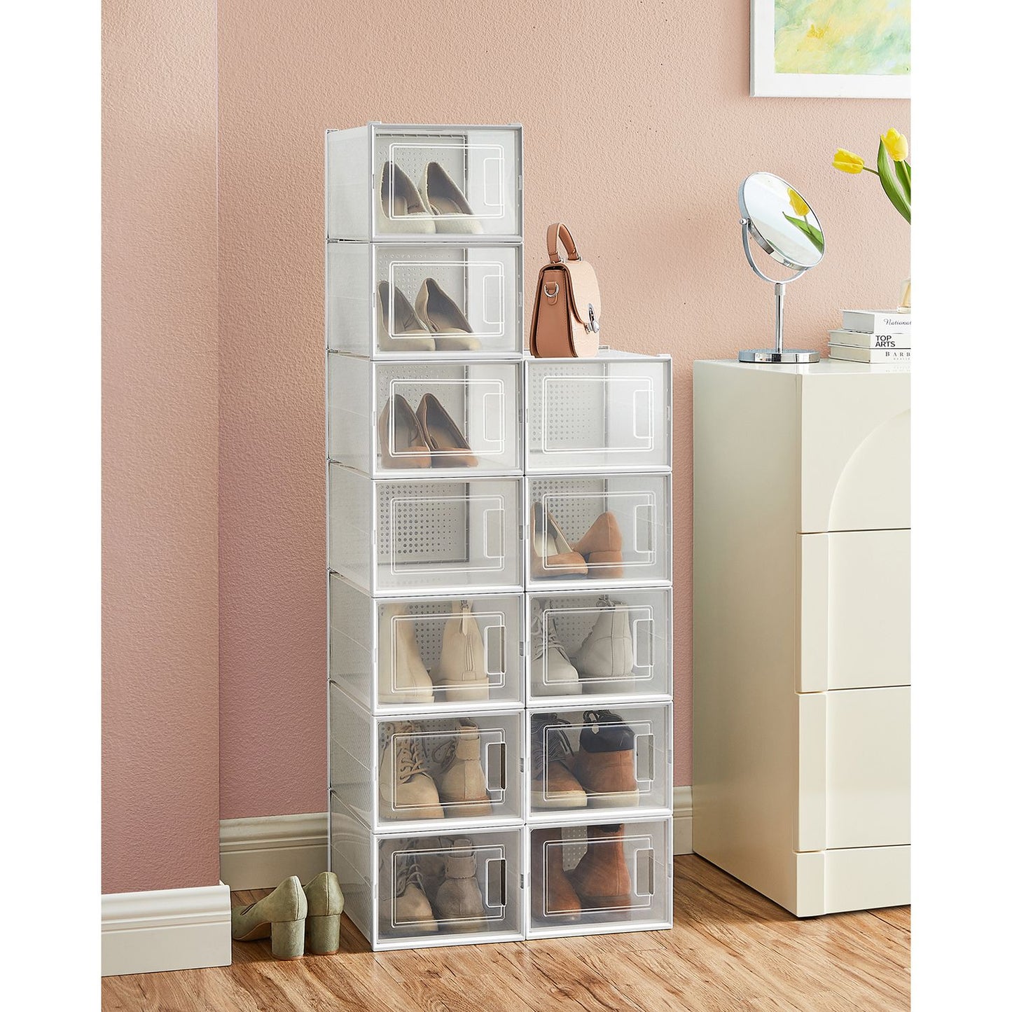 Schuhboxen, 12er Set, schuhorganizer, aus Kunststoff, schuhboxen stapelbar, für Schuhe bis Größe 46, transparent-weiß, SONGMICS, 3