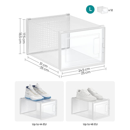 Schuhboxen, 12er Set, schuhorganizer, aus Kunststoff, schuhboxen stapelbar, für Schuhe bis Größe 46, transparent-weiß, SONGMICS, 6
