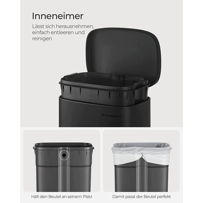 Mülleimer 2 Fächer, Doppelmülleimer, 2x15 L, Abfalleimer, Mülleimer Trennsystem, mit Deckel, inklusive 15 Müllbeutel, Schwarz, SONGMICS, 4