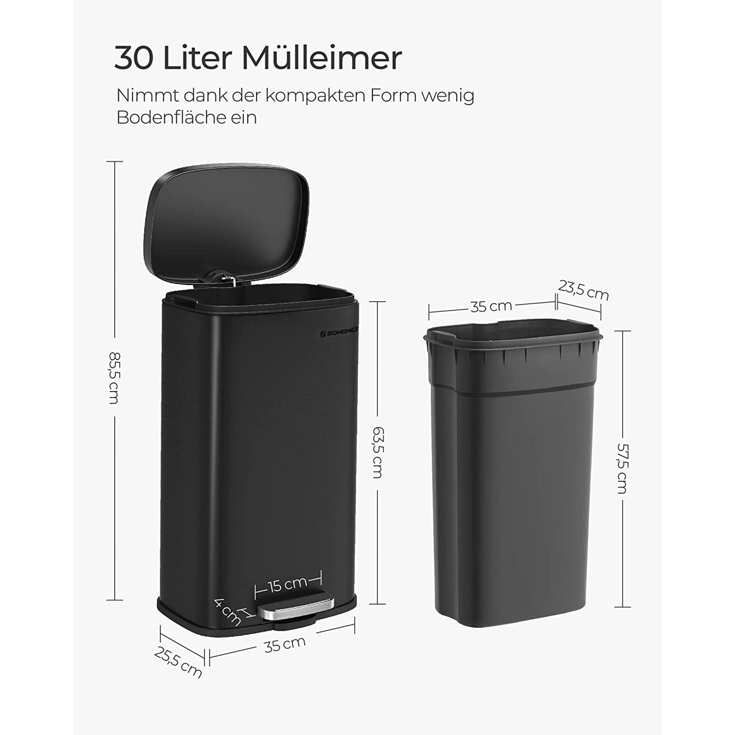 Mülleimer 2 Fächer, Doppelmülleimer, 2x15 L, Abfalleimer, Mülleimer Trennsystem, mit Deckel, inklusive 15 Müllbeutel, Schwarz, SONGMICS, 5