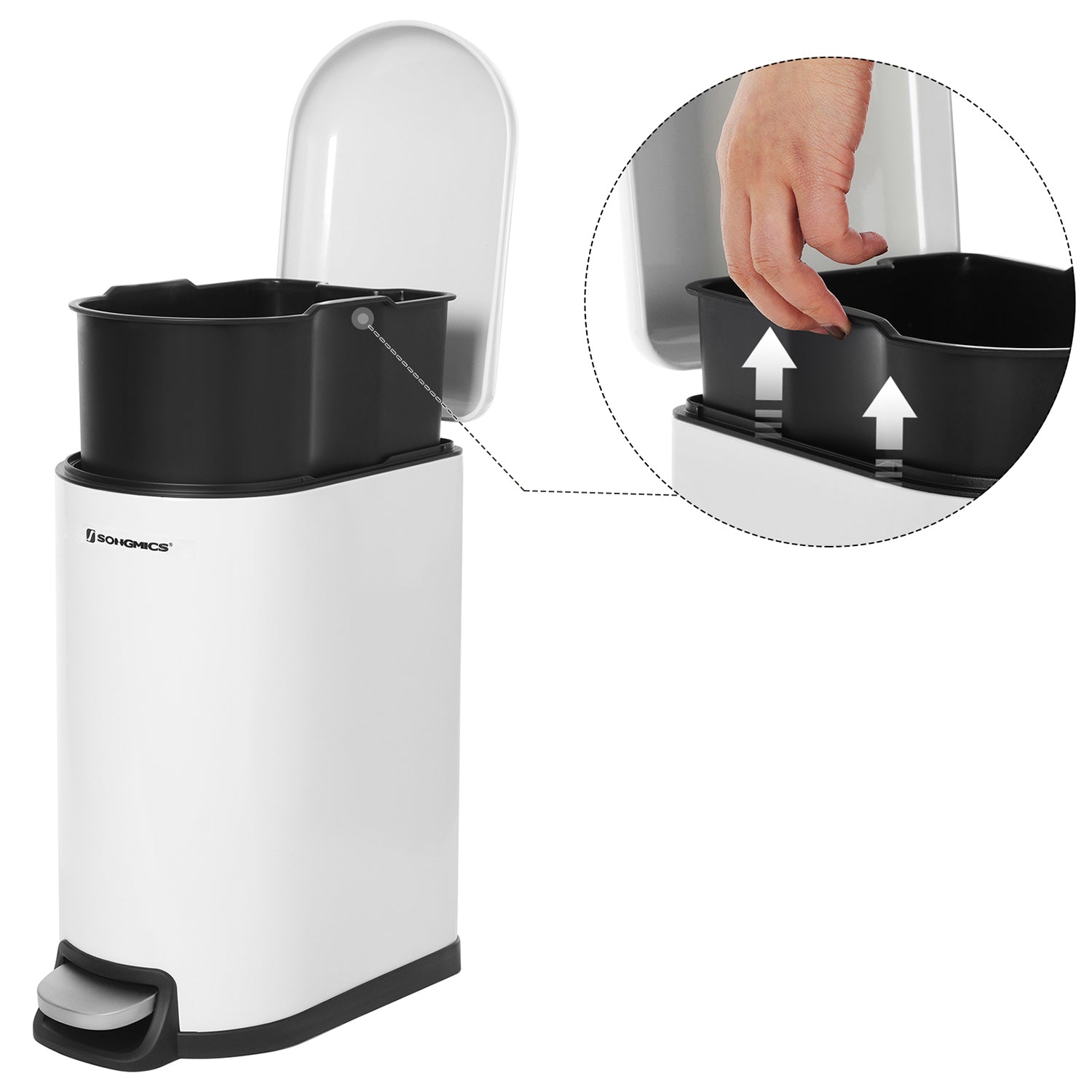 Mülleimer, Abfalleimer, 10L, Mülleimer Bad, Deckel, Treteimer für Toilette, kompakt, kleiner Raum, Weiß, SONGMICS, 5