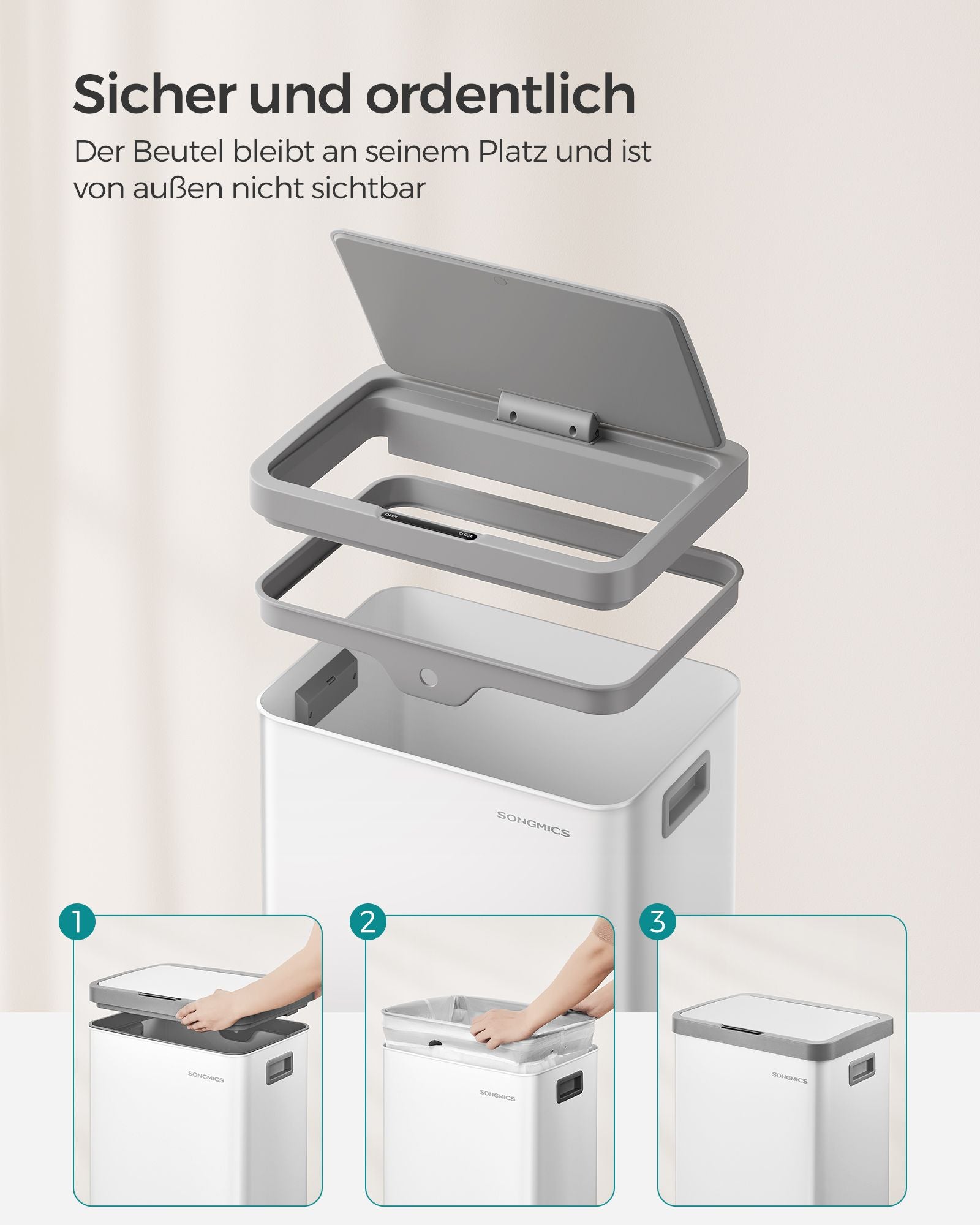 Mülleimer, 68L, Mülleimer Groß, Abfalleimer mit Deckel, mit automatischer Soft-Close, 15 Müllbeutel enthalten, Weiß, SONGMICS, 5