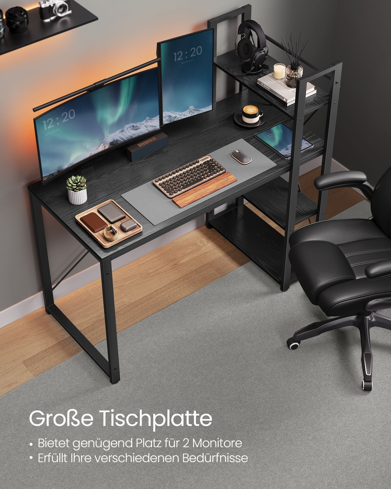 Schreibtisch, PC-Tisch, Computertisch, mit Regalböden rechts oder Links, Gaming Schreibtisch, Schwarz, Vasagle