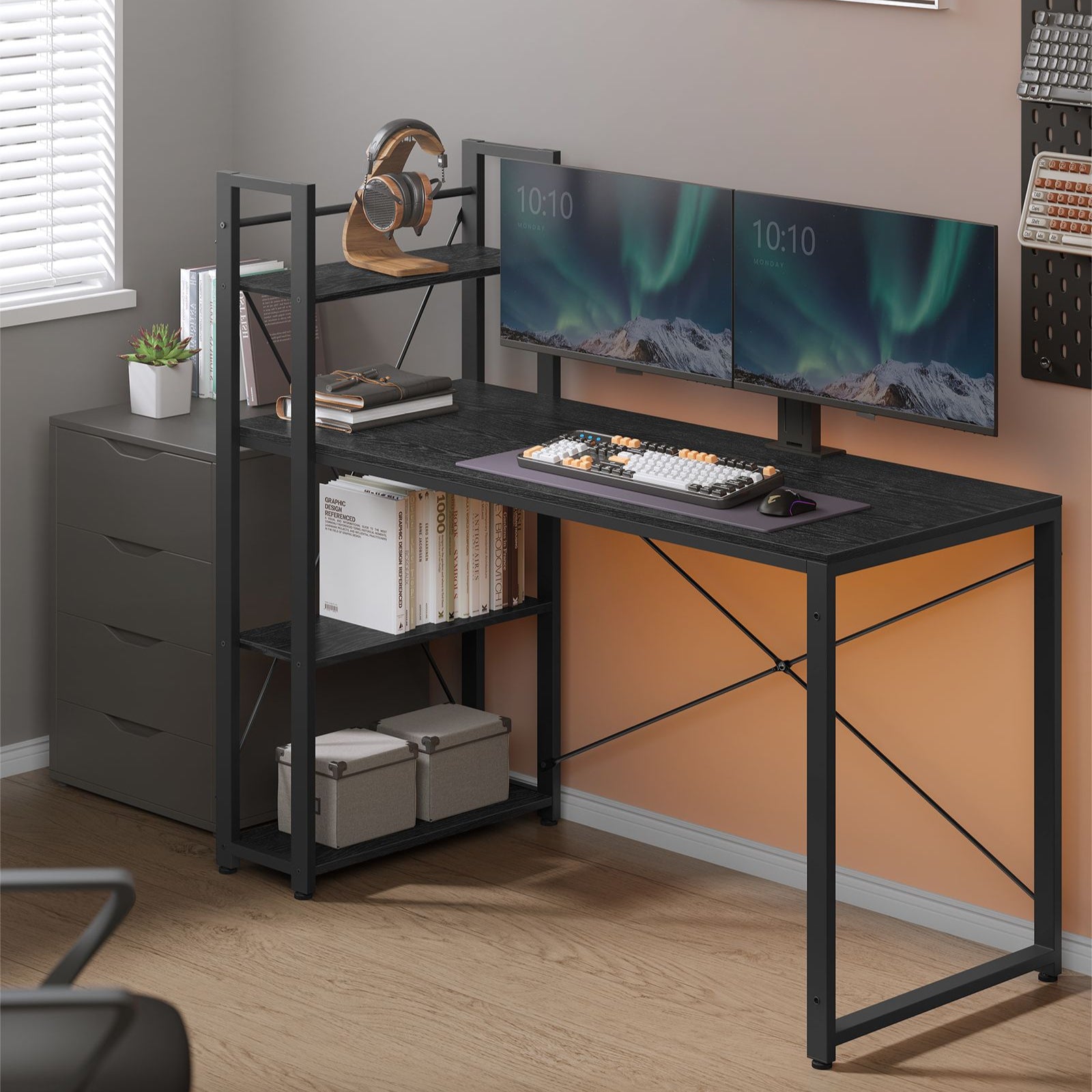 Schreibtisch, PC-Tisch, Computertisch, mit Regalböden rechts oder Links, 137,2 cm breiter Bürotisch, Schwarz, Vasagle, 2