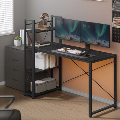 Schreibtisch, PC-Tisch, Computertisch, mit Regalböden rechts oder Links, 137,2 cm breiter Bürotisch, Schwarz, Vasagle, 2