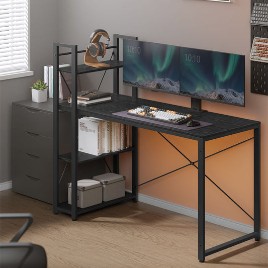 Schreibtisch, PC-Tisch, Computertisch, mit Regalböden rechts oder Links, 137,2 cm breiter Bürotisch, Schwarz, Vasagle, 2