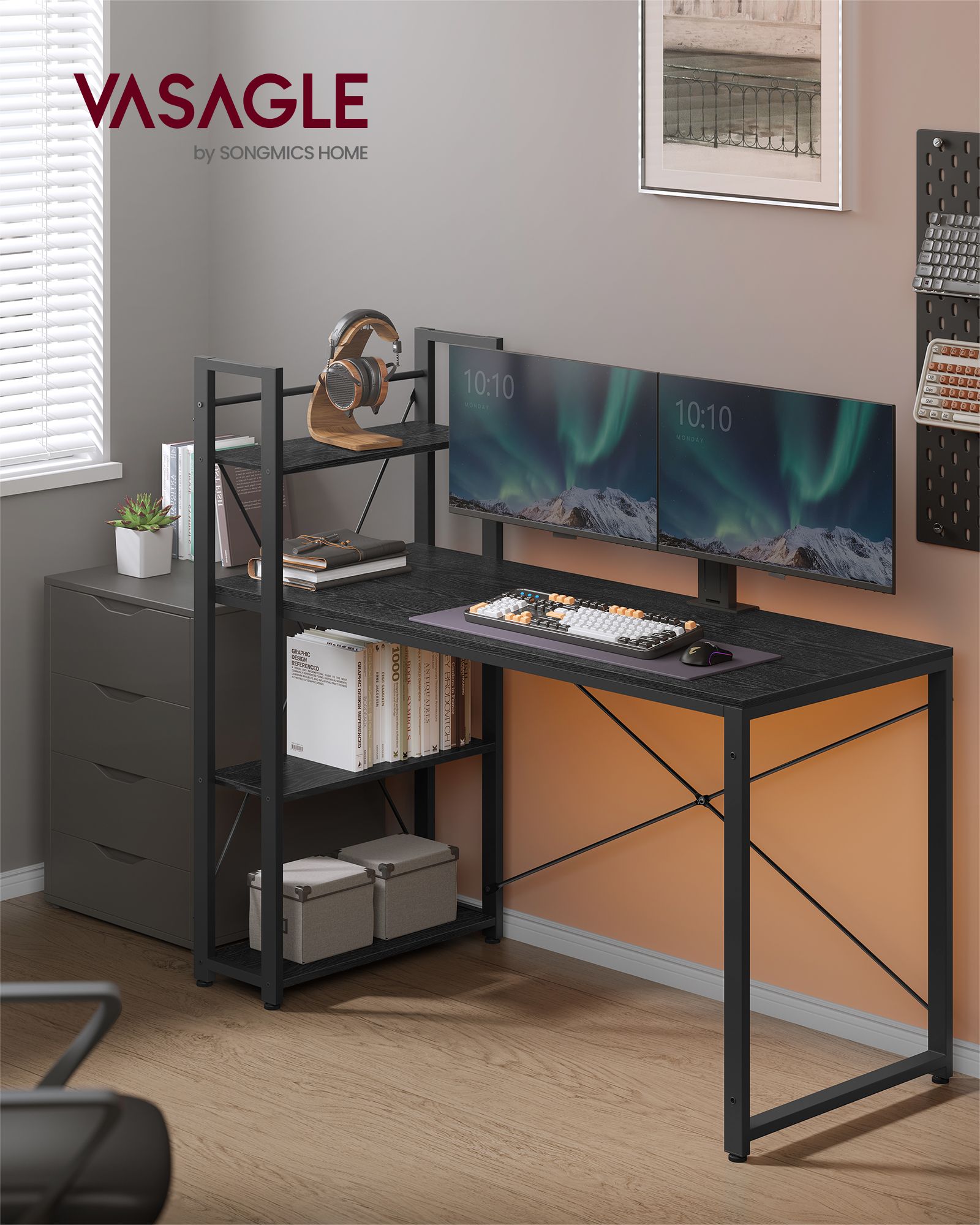 Schreibtisch, PC-Tisch, Computertisch, mit Regalböden rechts oder Links, 137,2 cm breiter Bürotisch, Schwarz, Vasagle, 3