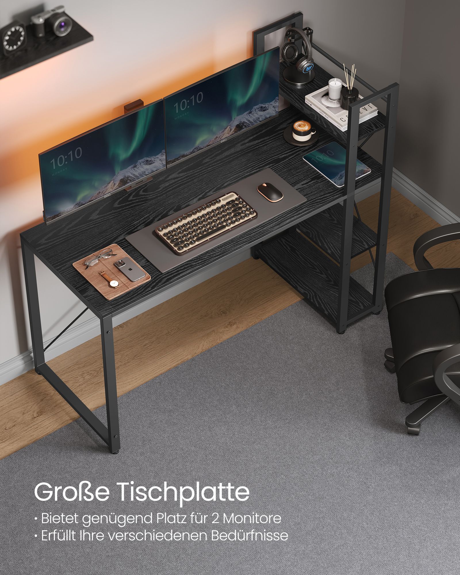 Schreibtisch, PC-Tisch, Computertisch, mit Regalböden rechts oder Links, 137,2 cm breiter Bürotisch, Schwarz, Vasagle, 5