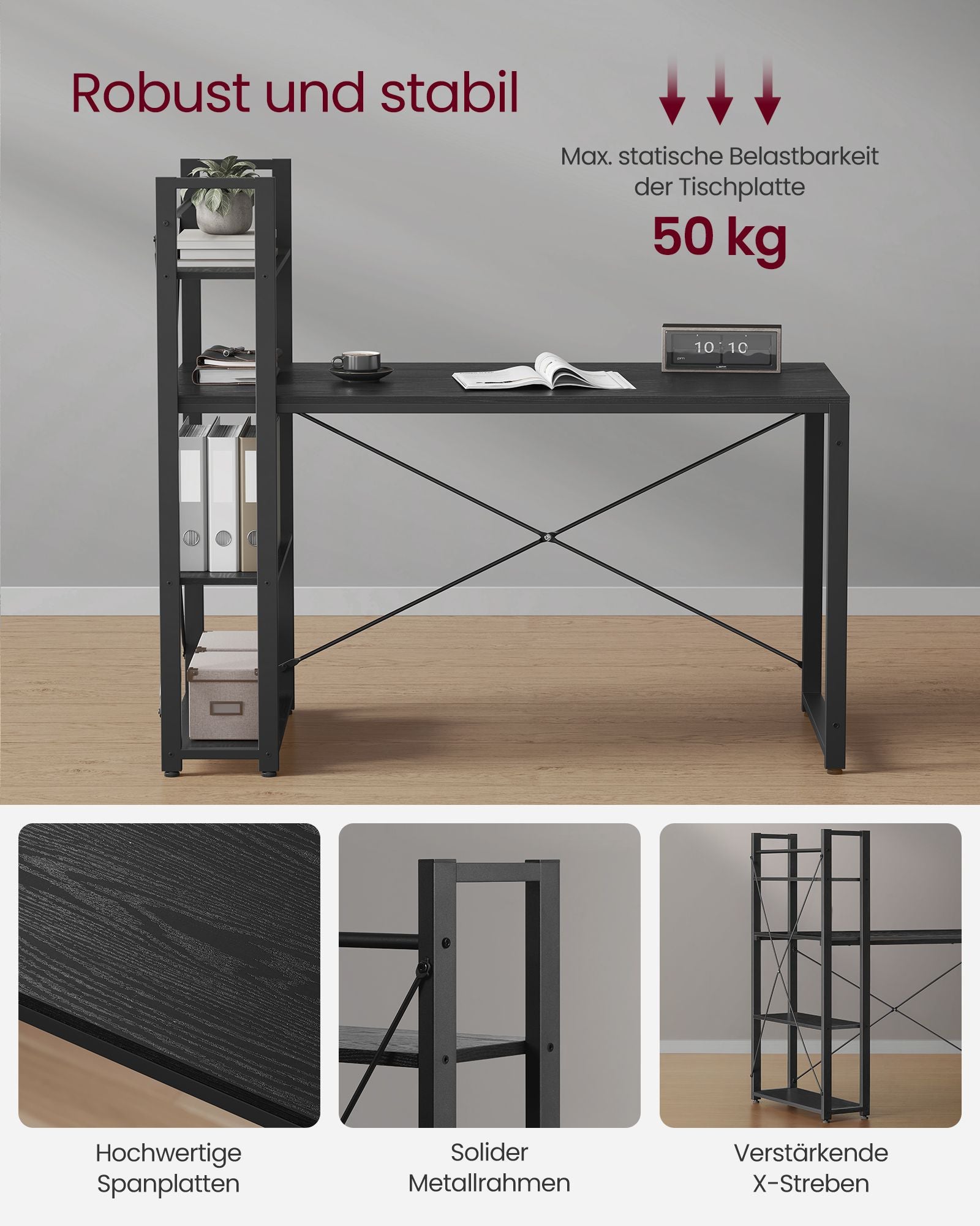 Schreibtisch, PC-Tisch, Computertisch, mit Regalböden rechts oder Links, 137,2 cm breiter Bürotisch, Schwarz, Vasagle, 6