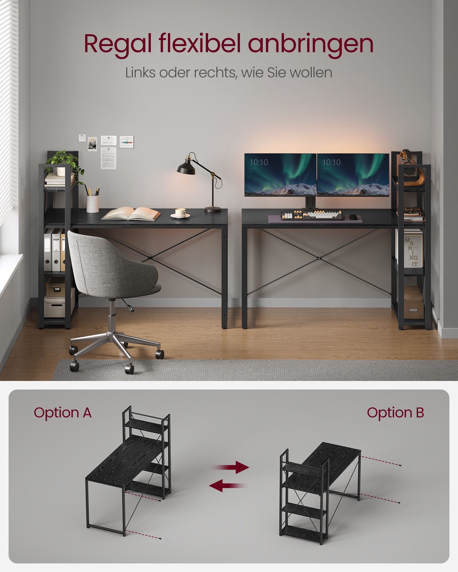 Schreibtisch, PC-Tisch, Computertisch, mit Regalböden rechts oder Links, 137,2 cm breiter Bürotisch, Schwarz, Vasagle, 7