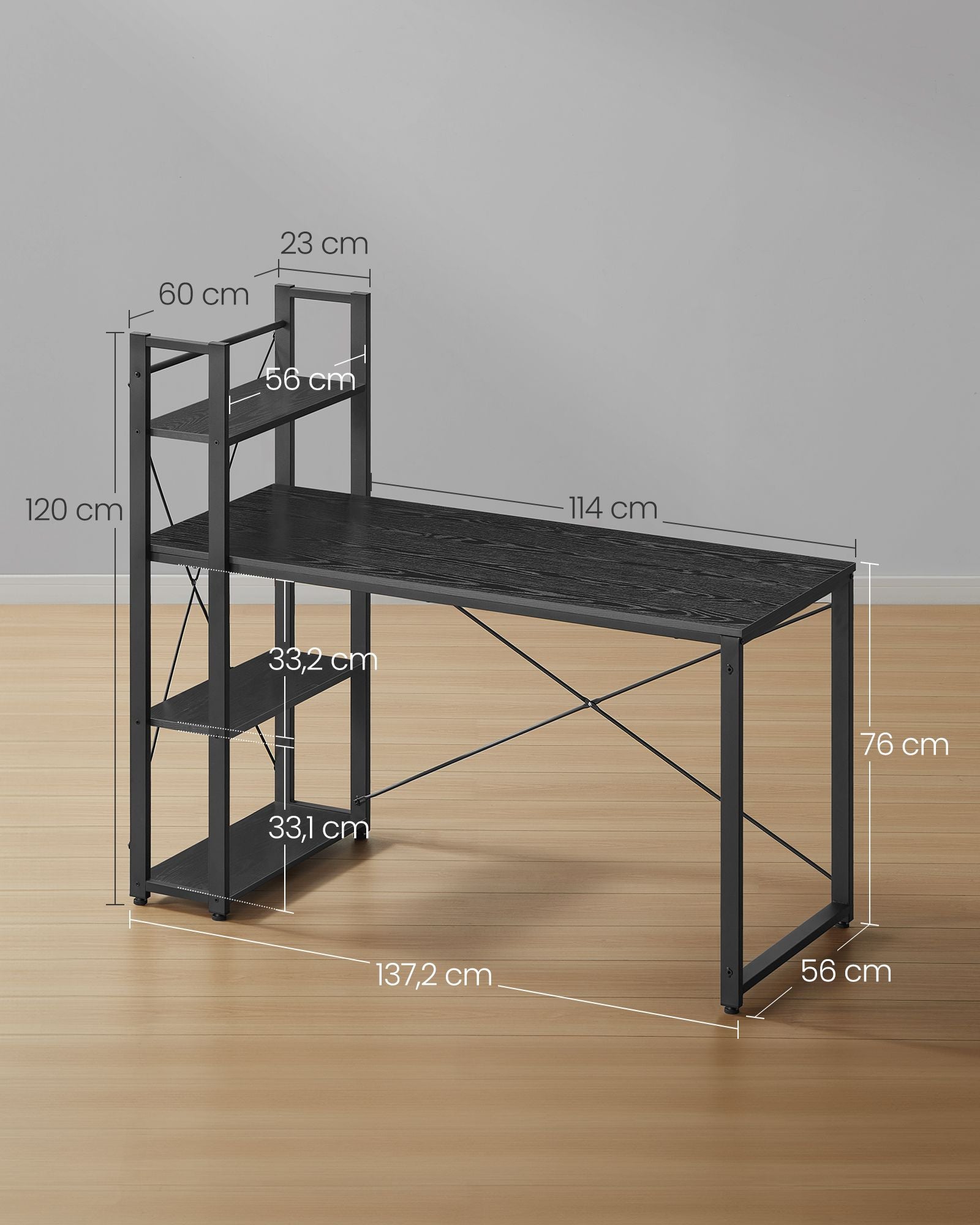 Schreibtisch, PC-Tisch, Computertisch, mit Regalböden rechts oder Links, 137,2 cm breiter Bürotisch, Schwarz, Vasagle, 8