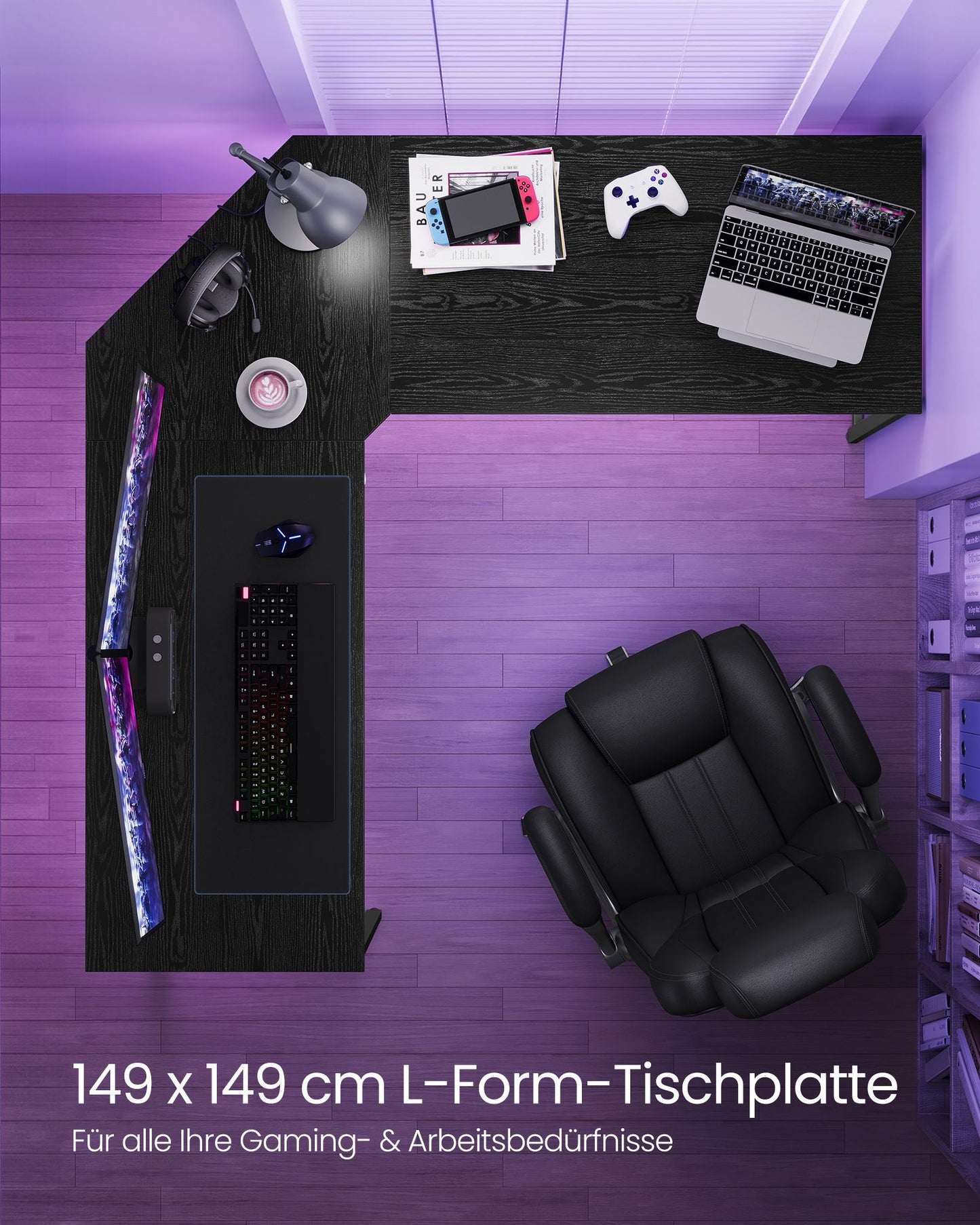 Schreibtisch L form, Eckschreibtisch, Gaming Schreibtisch, 149x149x76 cm, Computertisch, PC-Tisch, Schwarz, Vasagle, 5