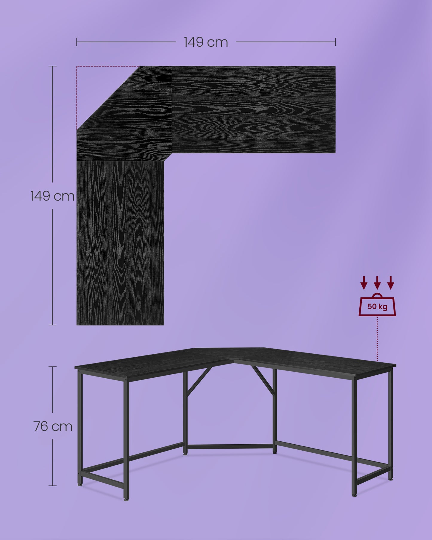 Schreibtisch L form, Eckschreibtisch, Gaming Schreibtisch, 149x149x76 cm, Computertisch, PC-Tisch, Schwarz, Vasagle, 7