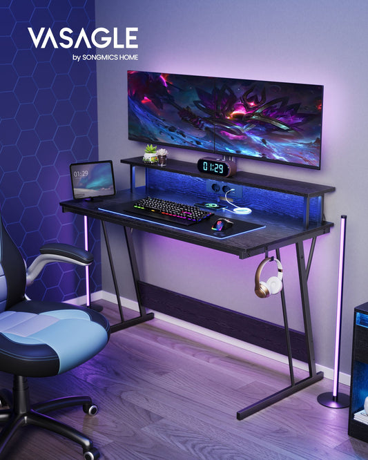 Gaming Schreibtisch, mit eingebauter Steckdosenleiste, Computertisch, mit Monitorständer für 2 Monitore, Schwarz, Vasagle, 2
