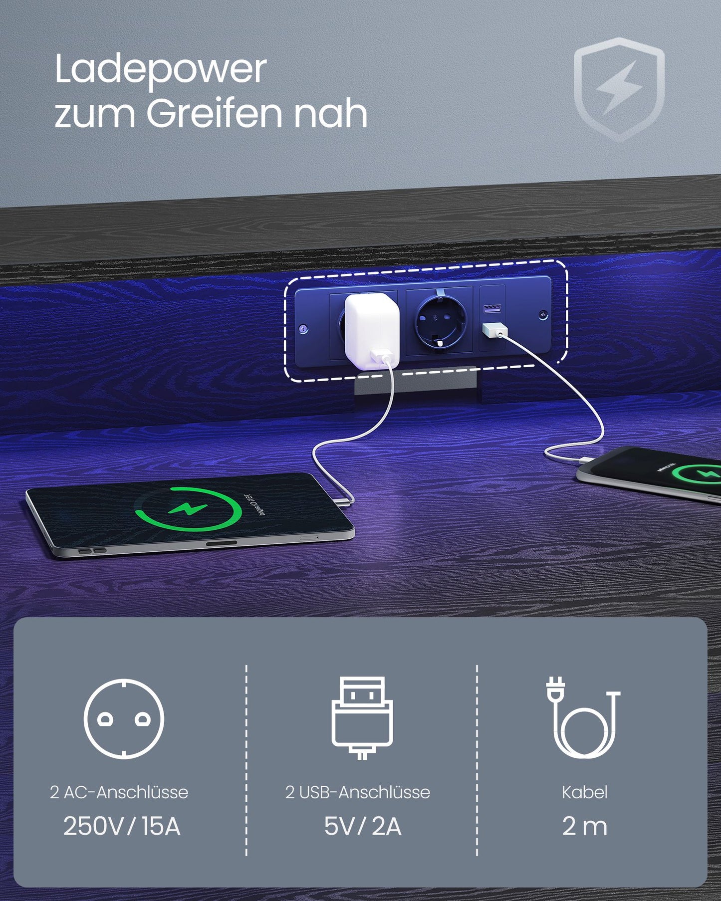 Gaming Schreibtisch, mit eingebauter Steckdosenleiste, Computertisch, mit Monitorständer für 2 Monitore, Schwarz, Vasagle, 3