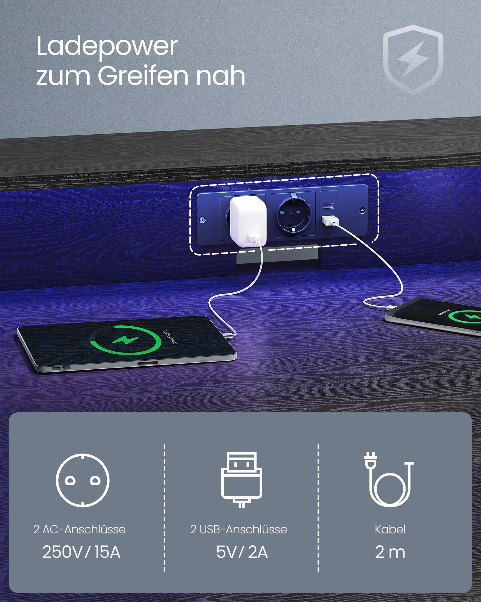 Gaming Schreibtisch, mit eingebauter Steckdosenleiste, Computertisch, mit Monitorständer für 2 Monitore, Schwarz, Vasagle, 3