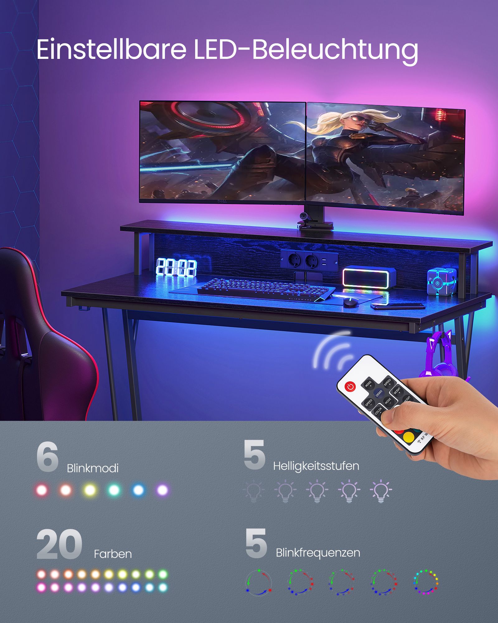Gaming Schreibtisch, mit eingebauter Steckdosenleiste, Computertisch, mit Monitorständer für 2 Monitore, Schwarz, Vasagle, 4
