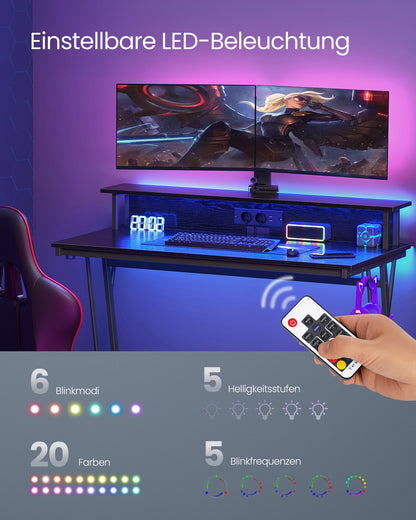 Gaming Schreibtisch, mit eingebauter Steckdosenleiste, Computertisch, mit Monitorständer für 2 Monitore, Schwarz, Vasagle, 4