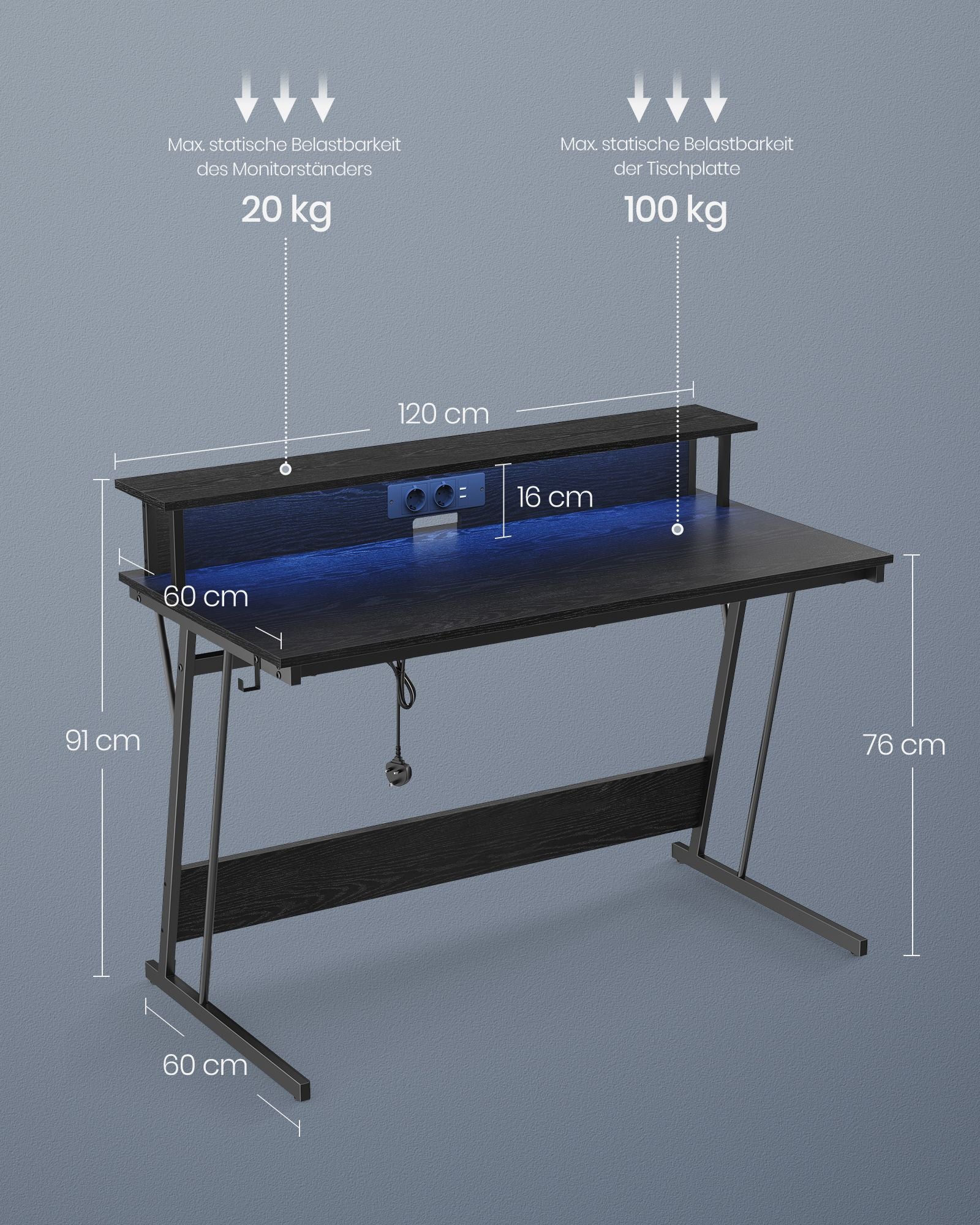 Gaming Schreibtisch, mit eingebauter Steckdosenleiste, Computertisch, mit Monitorständer für 2 Monitore, Schwarz, Vasagle, 5