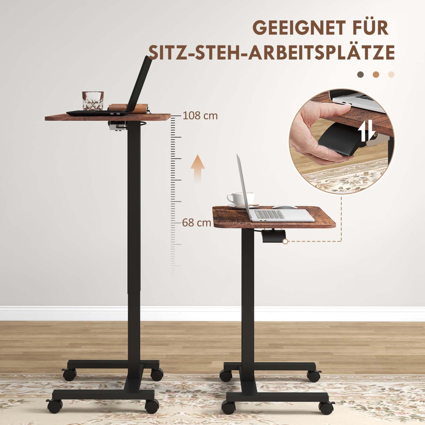 Laptoptisch, Höhenverstellbarer Schreibtisch, mit Rollen, Laptop tisch, Steh-Sitz Schreibtisch, mit Handkurbel Braun, Vinsetto, 3