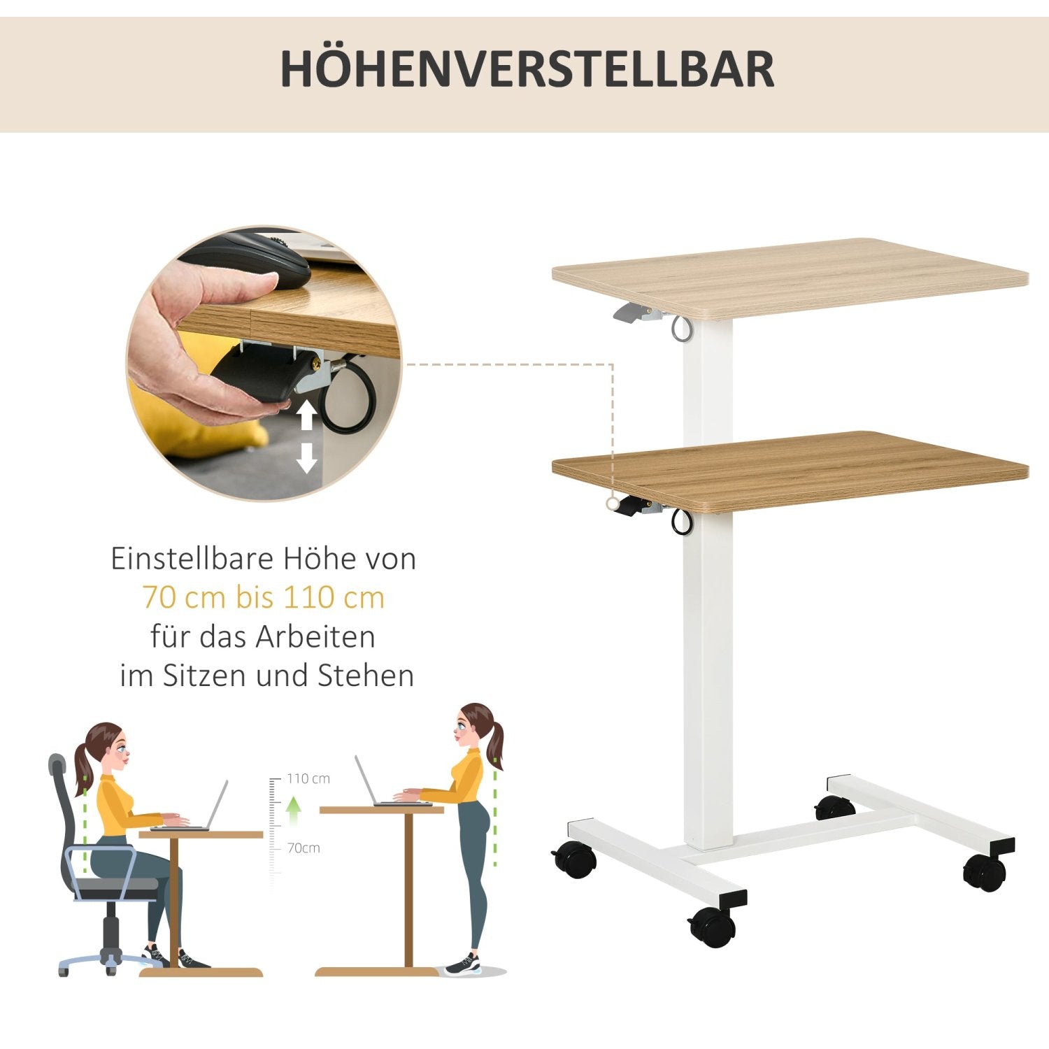 Laptoptisch, Höhenverstellbarer schreibtisch,  mit Rollen, C-förmig, Platzsparend, 70-110 cm, bis 70 kg, Natur Weiß, HOMCOM, 3