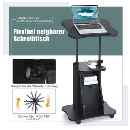 Laptoptisch, Laptopständer Höhenverstellbar, Laptoptisch mit Rollen, mit neigbarer Tischplatte und Ablagen, Costway