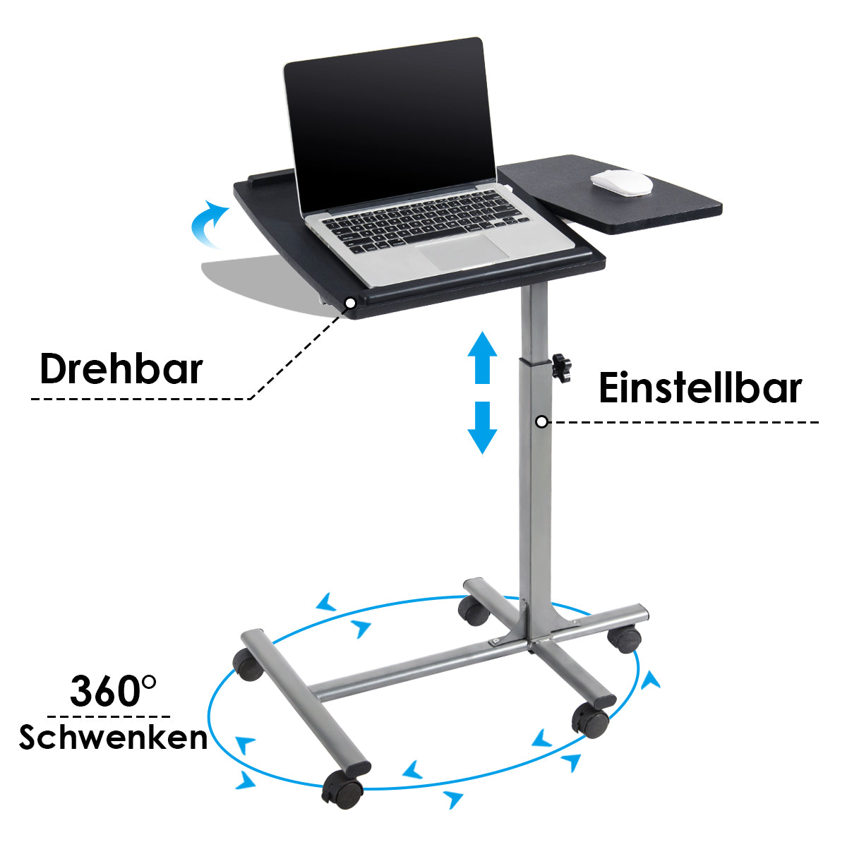 Laptoptisch, Laptoptisch Höhenverstellbar, Laptoptisch Bett, Anpassbarer Laptoptisch, Laptoptisch mit 5 Rollen, Costway, 2