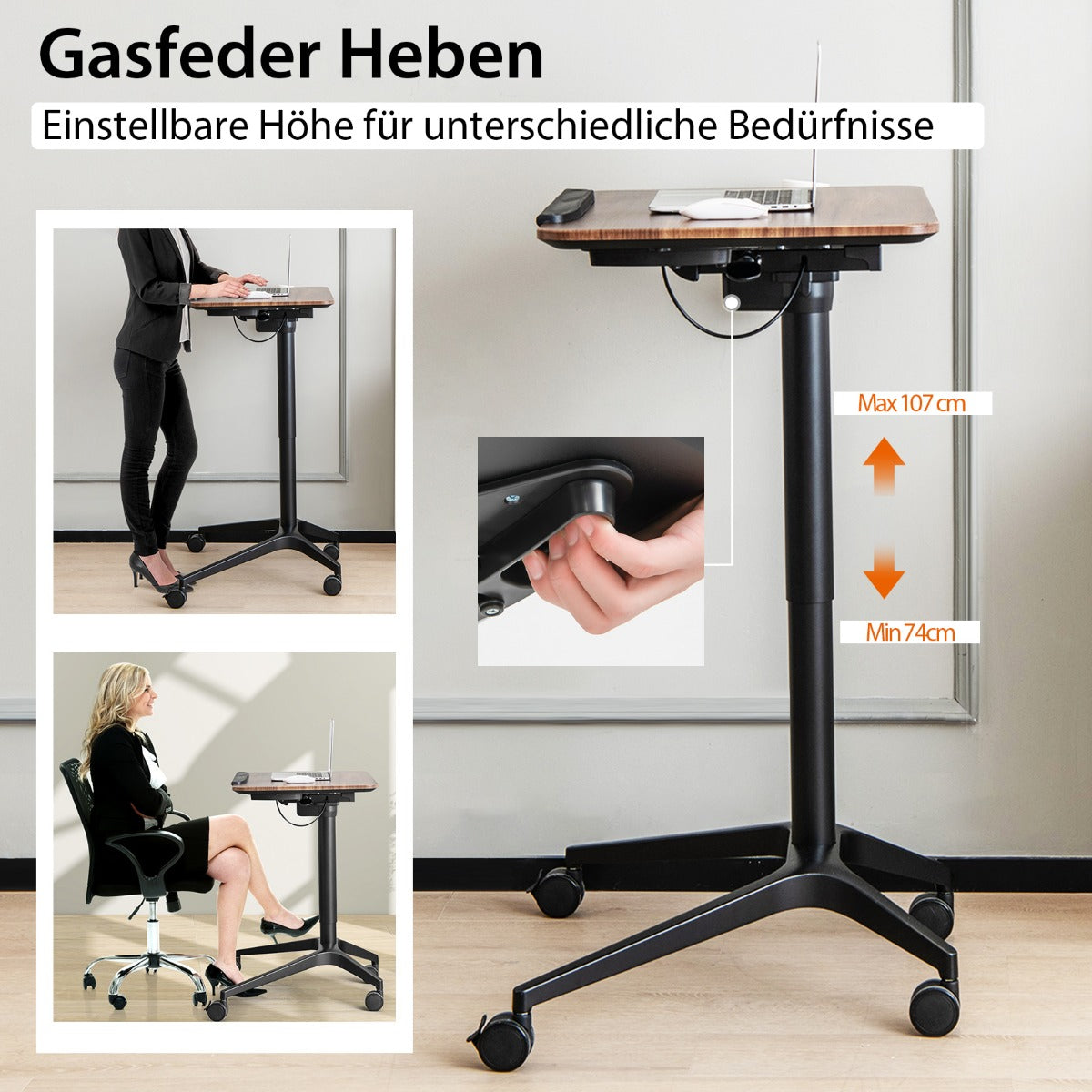Laptoptisch, Laptoptisch Höhenverstellbar, Laptoptisch Bett, Sofa, für Sessel, mit Rollen, Sitz-Steh Schreibtisch, Costway, 1