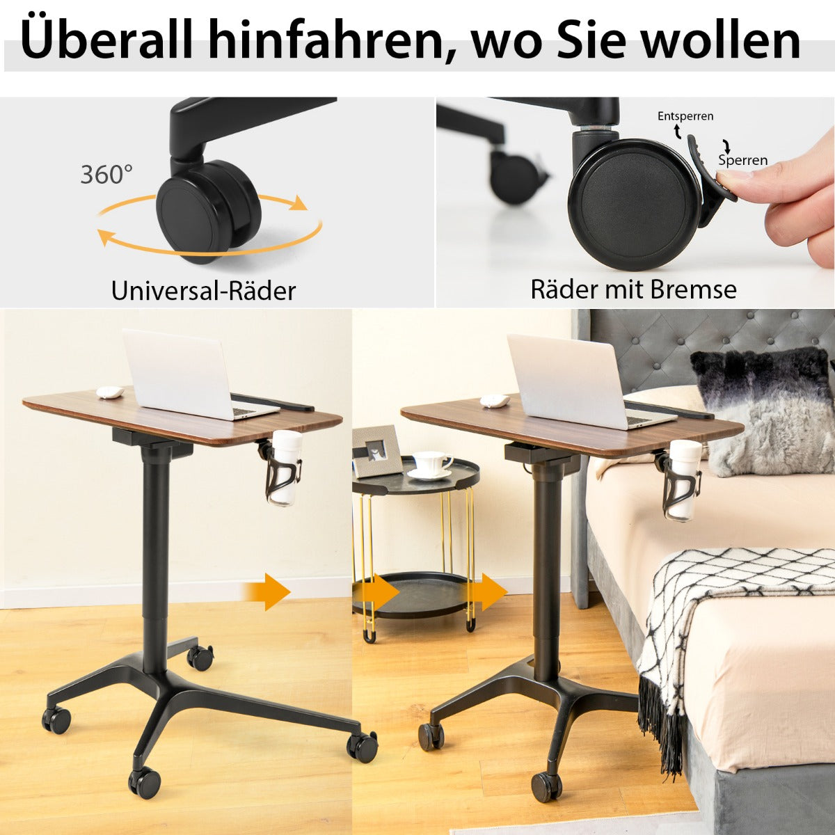 Laptoptisch, Laptoptisch Höhenverstellbar, Laptoptisch Bett, Sofa, für Sessel, mit Rollen, Sitz-Steh Schreibtisch, Costway, 5