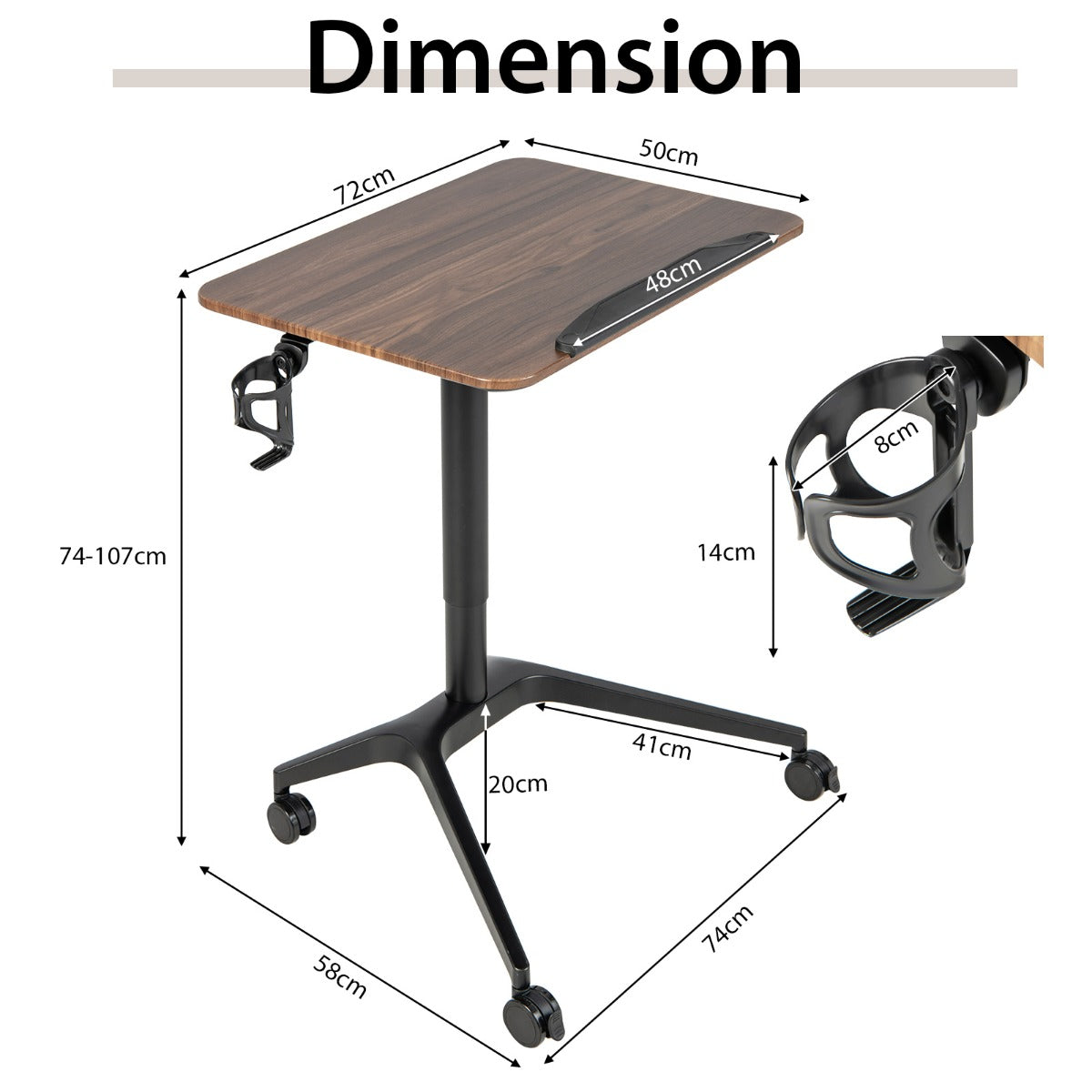 Laptoptisch, Laptoptisch Höhenverstellbar, Laptoptisch Bett, Sofa, für Sessel, mit Rollen, Sitz-Steh Schreibtisch, Costway, 6