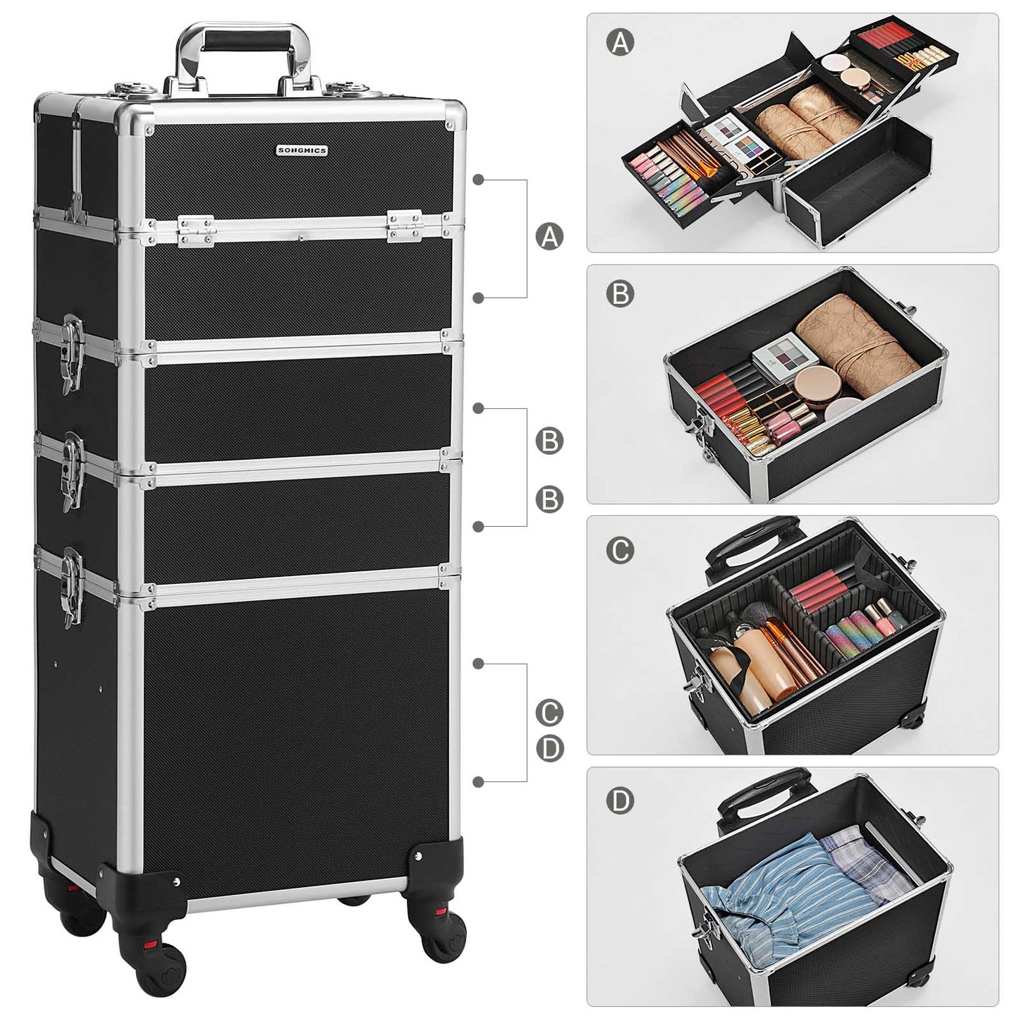 SONGMICS - Kosmetik Koffer, 4-in-1, Kosmetikkoffer, Trolley,  Schminkkoffer Profi, groß, Friseurkoffer, mit Rollen,schwarz, 5