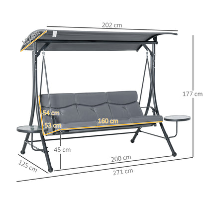 Outsunny - Hollywoodschaukel 3-Sitzer Gartenschaukel Schaukelbank mit verstellbarem Sonnendach Teetisch Stahl Polyester Grau+Schwarz 271 x 125 x 177 cm