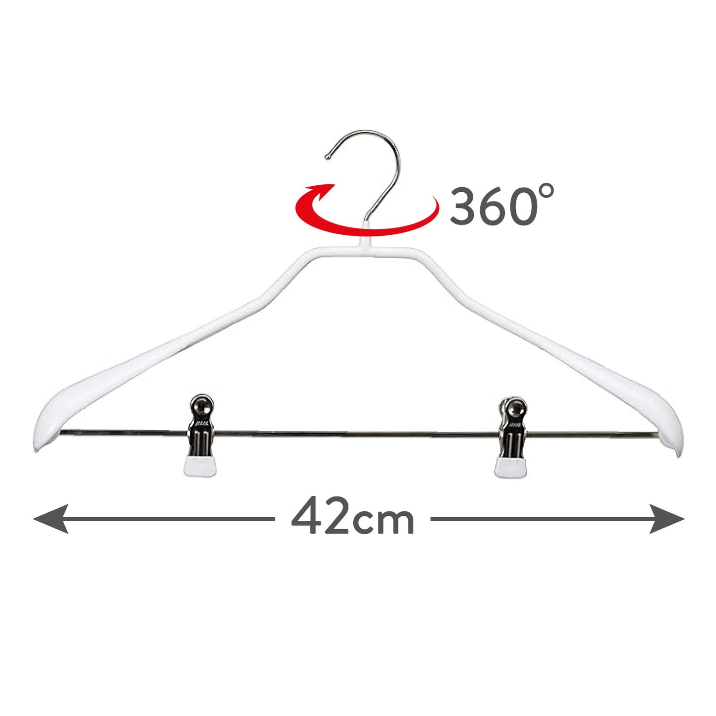 Kleiderbügel, mit Klammernsteg, 10er, Hosenbügel, Breite 42 cm, Garderobenbügel, 360° drehbarem Haken, MAWA Bodyform LK - Weiß, 3