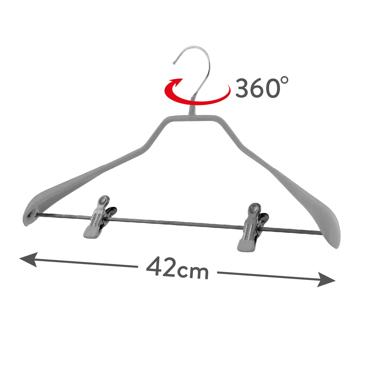 Kleiderbügel, mit Klammernsteg, 10er, Hosenbügel, Breite 42 cm, Garderobenbügel, 360° drehbarem Haken, MAWA Bodyform LK - Silber, 3