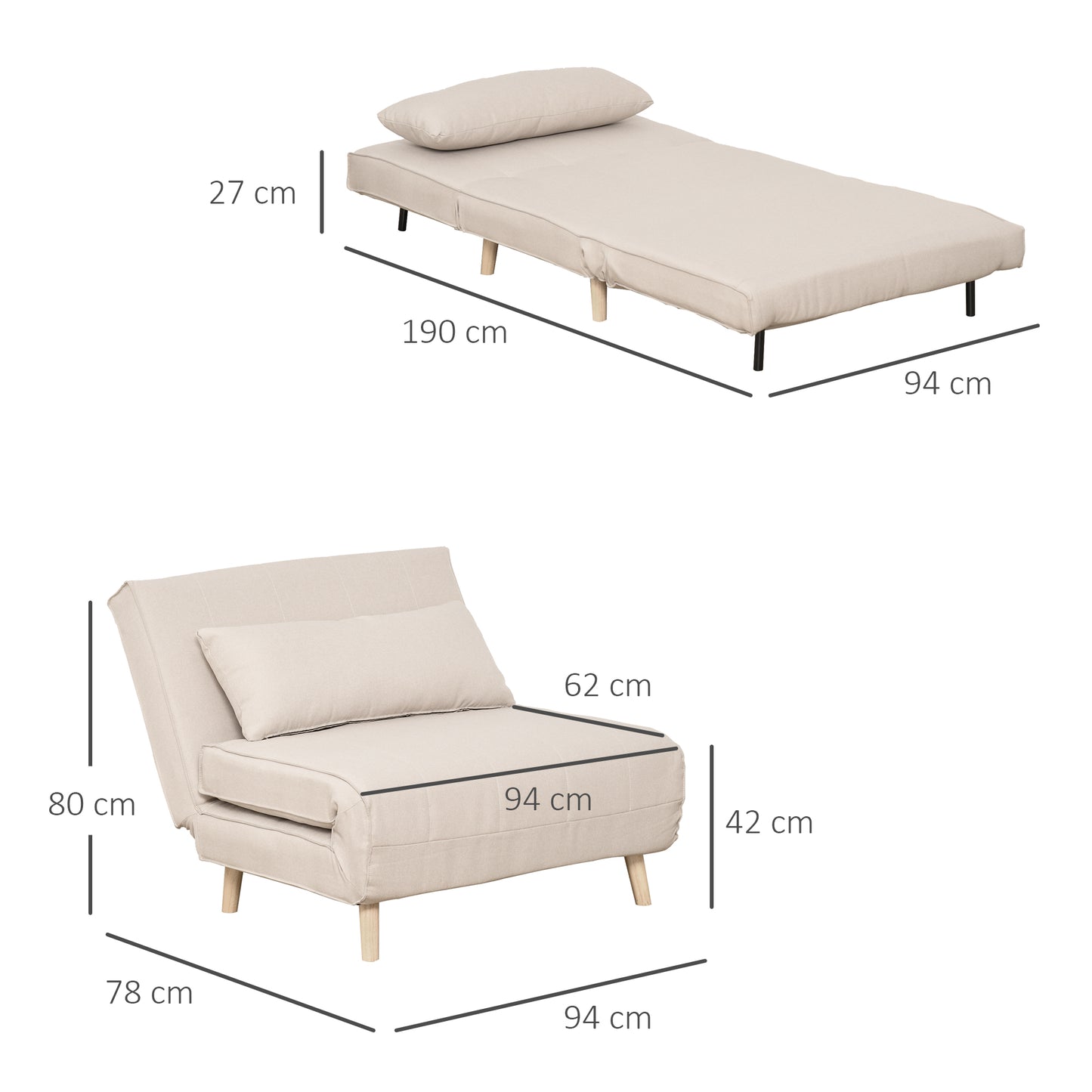 HOMCOM - Schlafsofa Einzelsofa Sofabett, Klappsofa mit verstellbarer Rückenlehne, nordisch, Leinenimitat