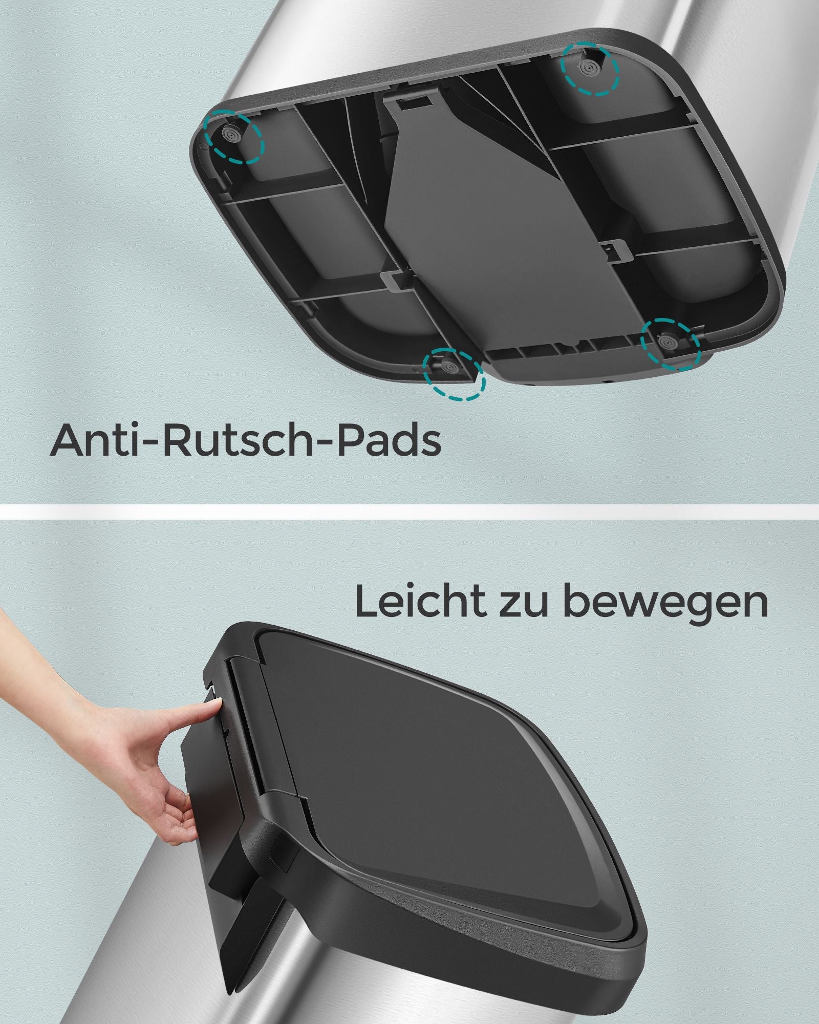 Mülleimer Küche, 50 L aus Metall, Abfalleimer mit deckel, Softclose, Fußpedal, Stahl, silbern-schwarz, SONGMICS, 5