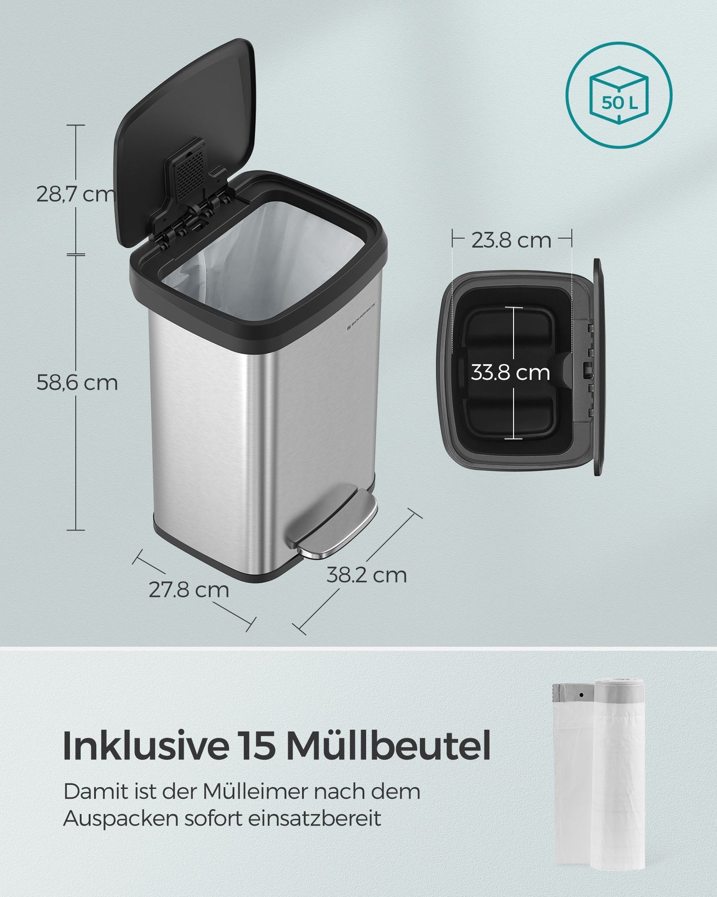 Mülleimer Küche, 50 L aus Metall, Abfalleimer mit deckel, Softclose, Fußpedal, Stahl, silbern-schwarz, SONGMICS, 6