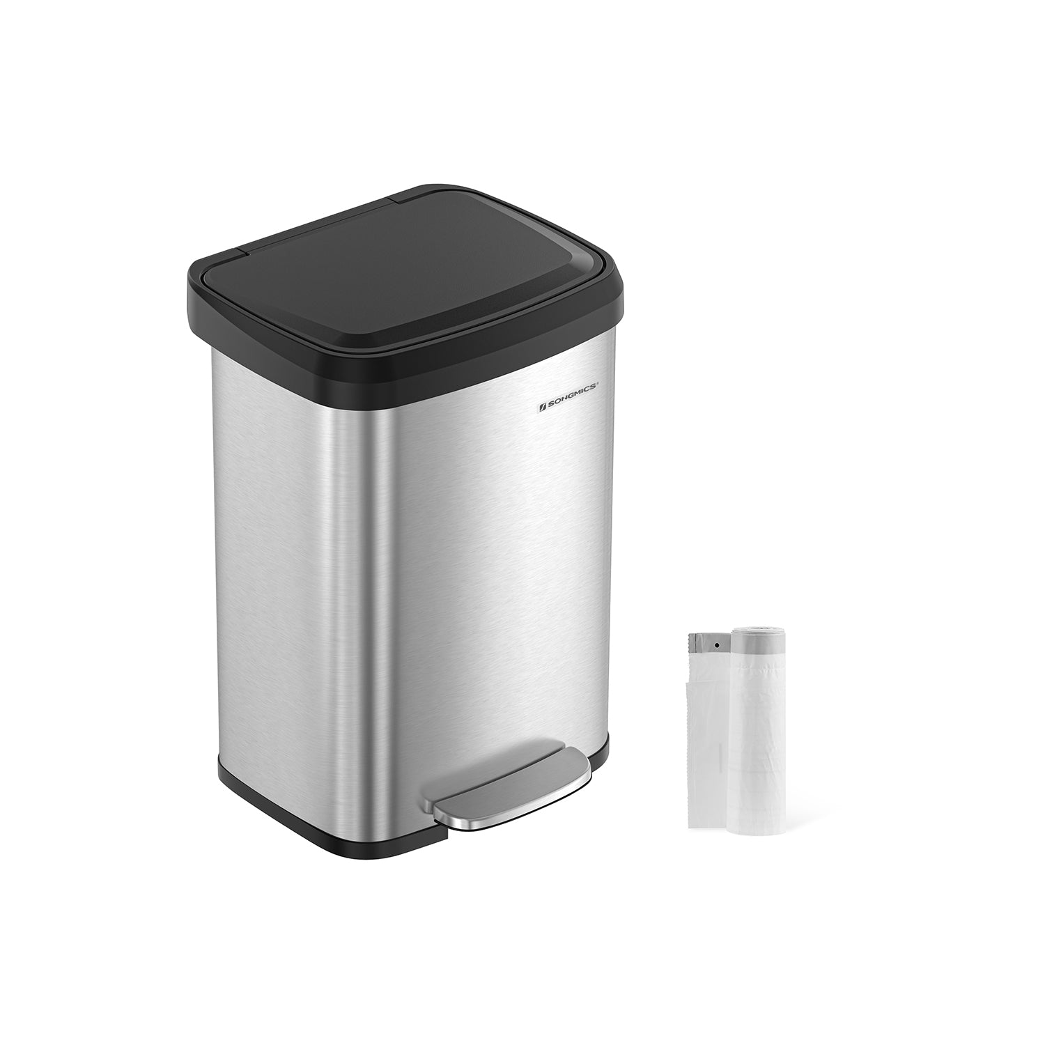 Mülleimer Küche, 50 L aus Metall, Abfalleimer mit deckel, Softclose, Fußpedal, Stahl, silbern-schwarz, SONGMICS, 9