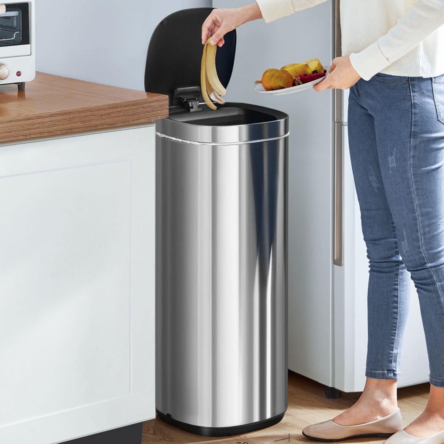 Mülleimer Küche, 50 L, mit Bewegungssensor, automatisch, Mülleimer groß, Abfalleimer mit Deckel, Stahl, silbern, SONGMICS