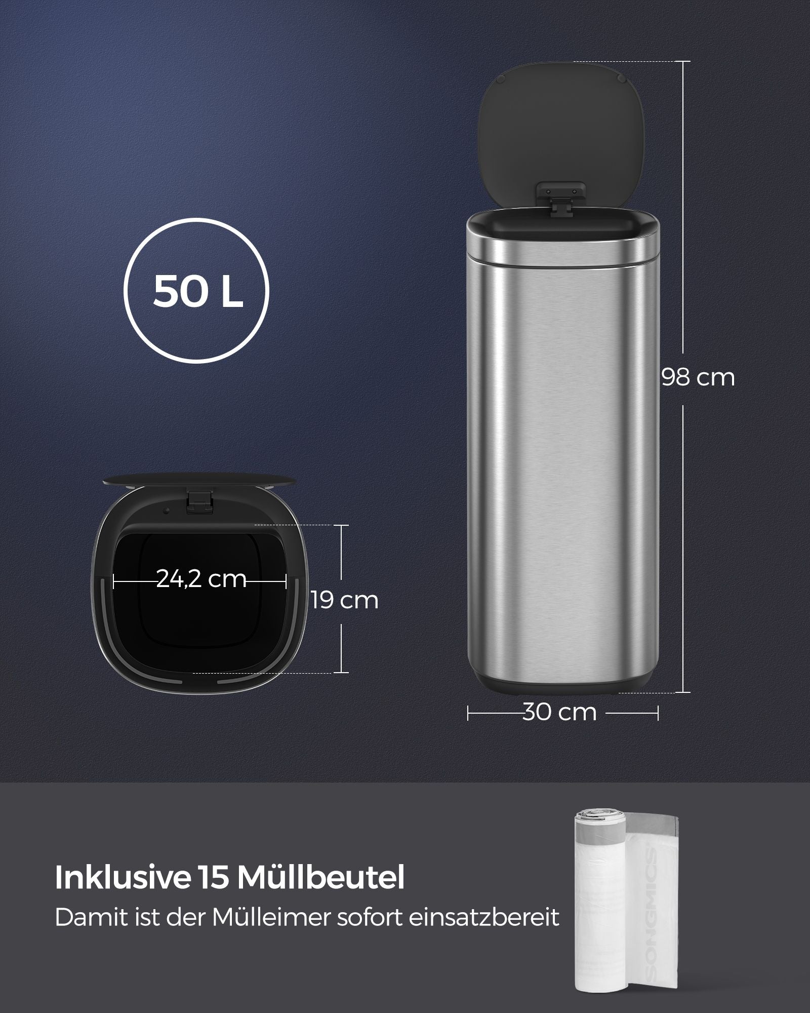 Mülleimer Küche, 50 L, mit Bewegungssensor, automatisch, Mülleimer groß, Abfalleimer mit Deckel, Stahl, silbern, SONGMICS, 1