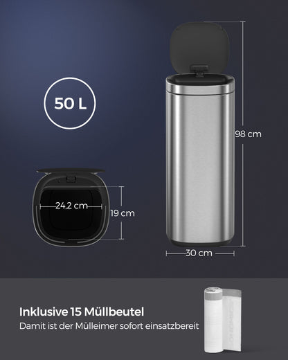 Mülleimer Küche, 50 L, mit Bewegungssensor, automatisch, Mülleimer groß, Abfalleimer mit Deckel, Stahl, silbern, SONGMICS, 1