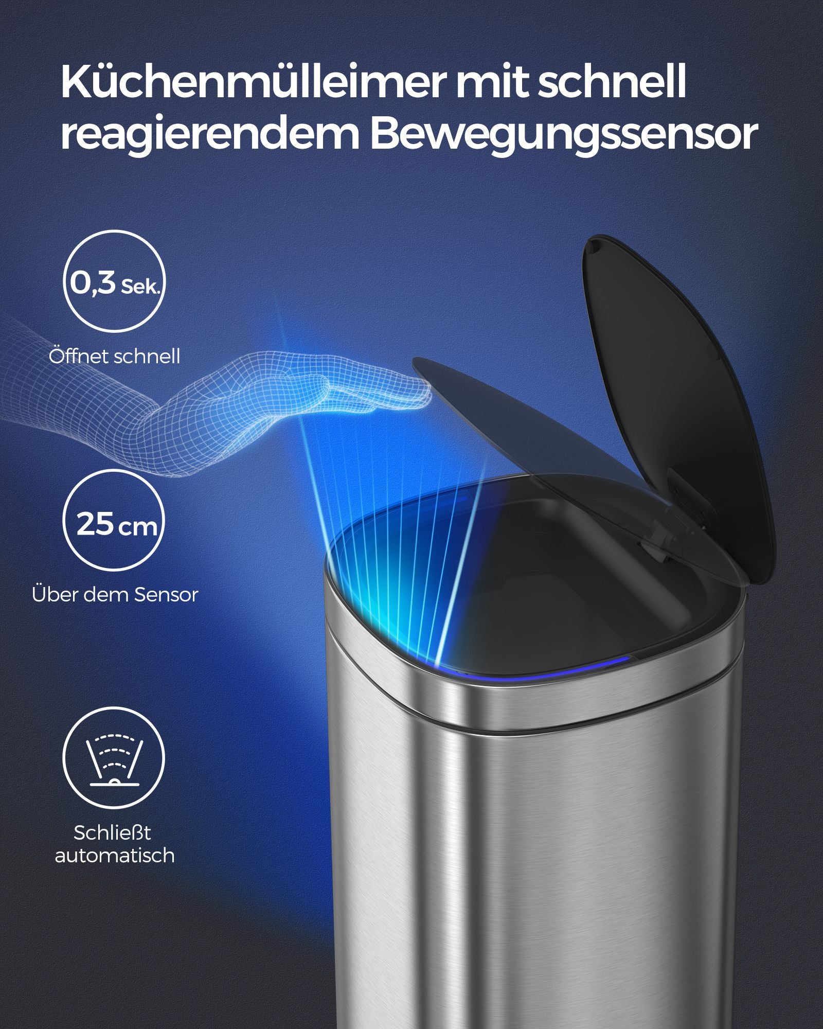 Mülleimer Küche, 50 L, mit Bewegungssensor, automatisch, Mülleimer groß, Abfalleimer mit Deckel, Stahl, silbern, SONGMICS, 2